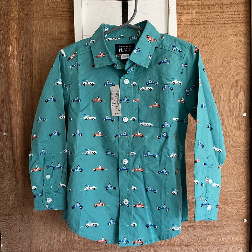 The Children’s Place Teal Button-Up Shirt w/Car Print, NWT, Sz 3T